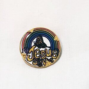 Jesus Saves Butterfly Rainbow Pinback Pin Brooch 1" Hong Kong Vintage